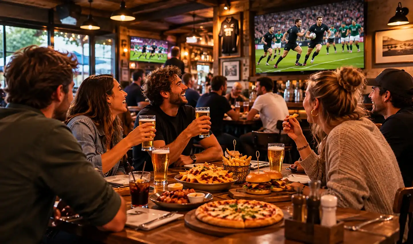 Group of friends enjoying food and drinks while watching a rugby game on TV in a cozy pub.